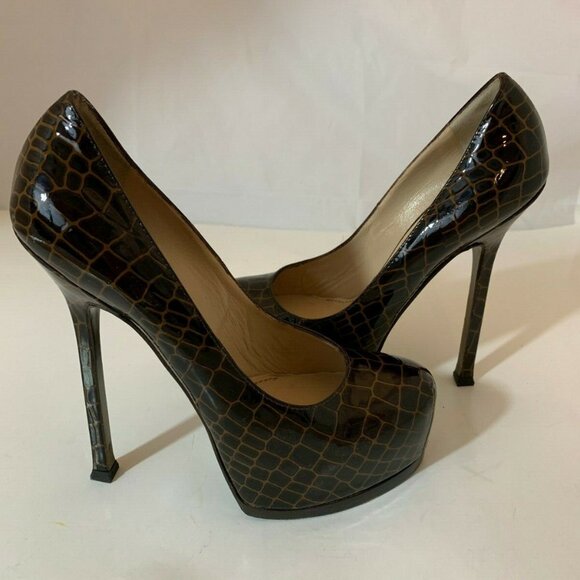 Yves Saint Laurent Shoes - YSL SAINT LAURENT 59519 BROWN PATENT LEATHER CROC EMBOSSED TRIBTOO PUMPS